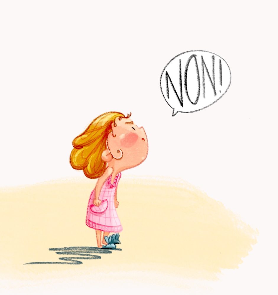 children frowning dress in pink night dress saying NO!