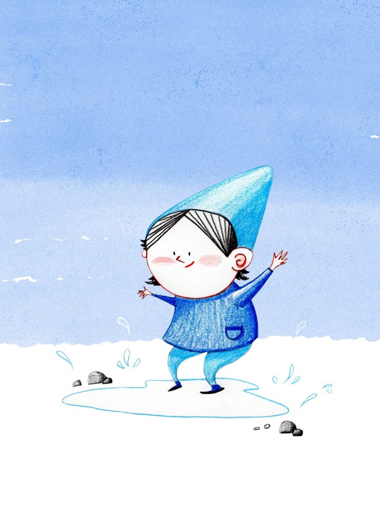 Children gnome dressed in blue jumping on a puddle