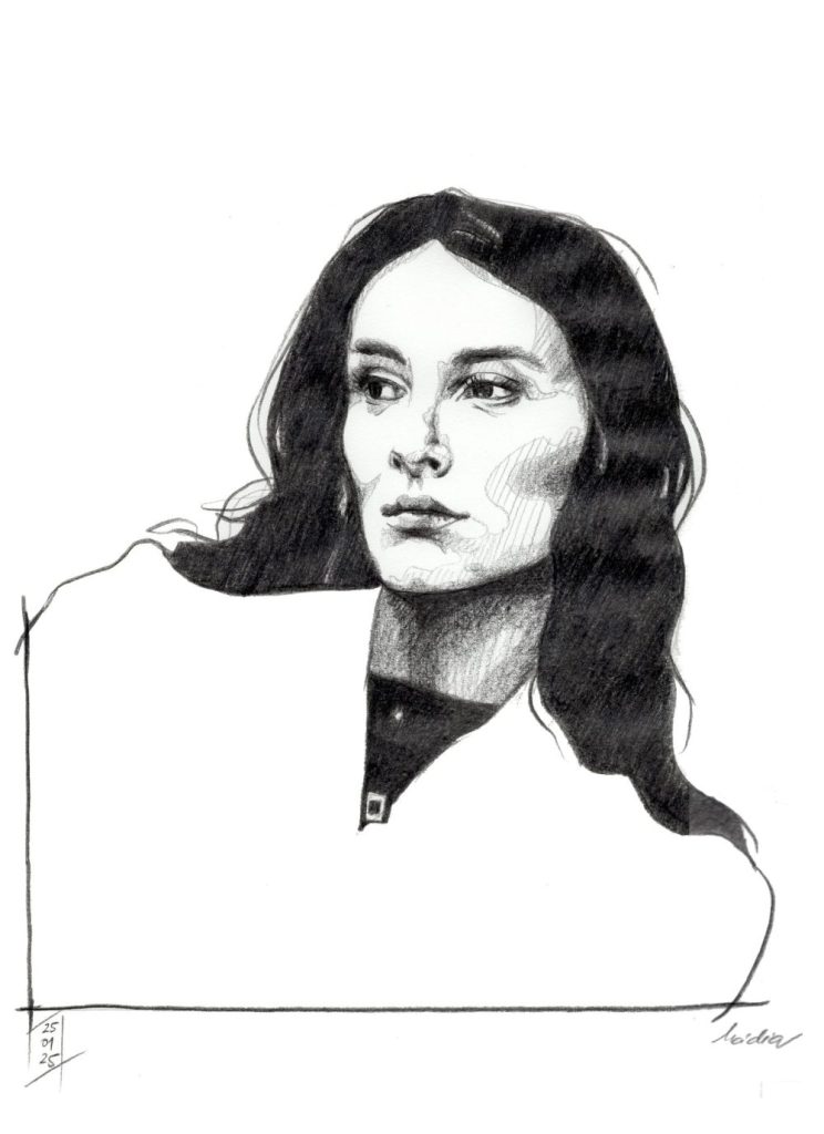 Pencil sketch woman looking left, dark hair