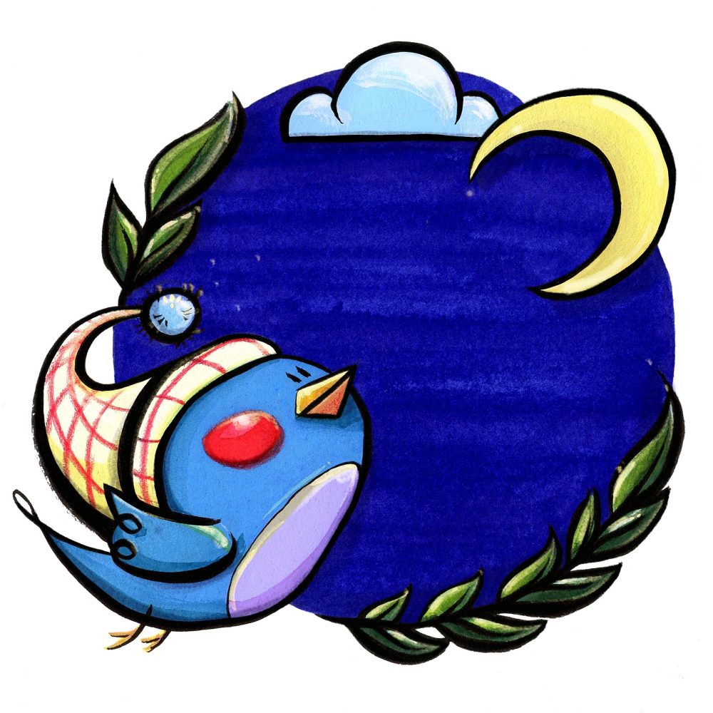 Illustration of a bird with a night cap with moon as a background.