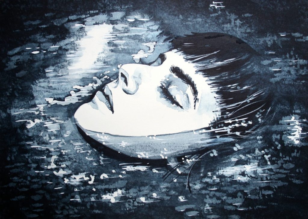 Watercolour painting of a female portrait above water.