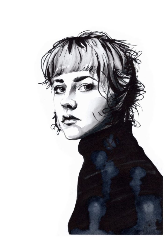 Black and white portrait of woman with black sweater, painted in ink.