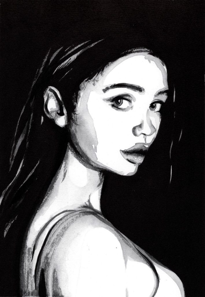 Woman Portrait in China Ink, dark background.