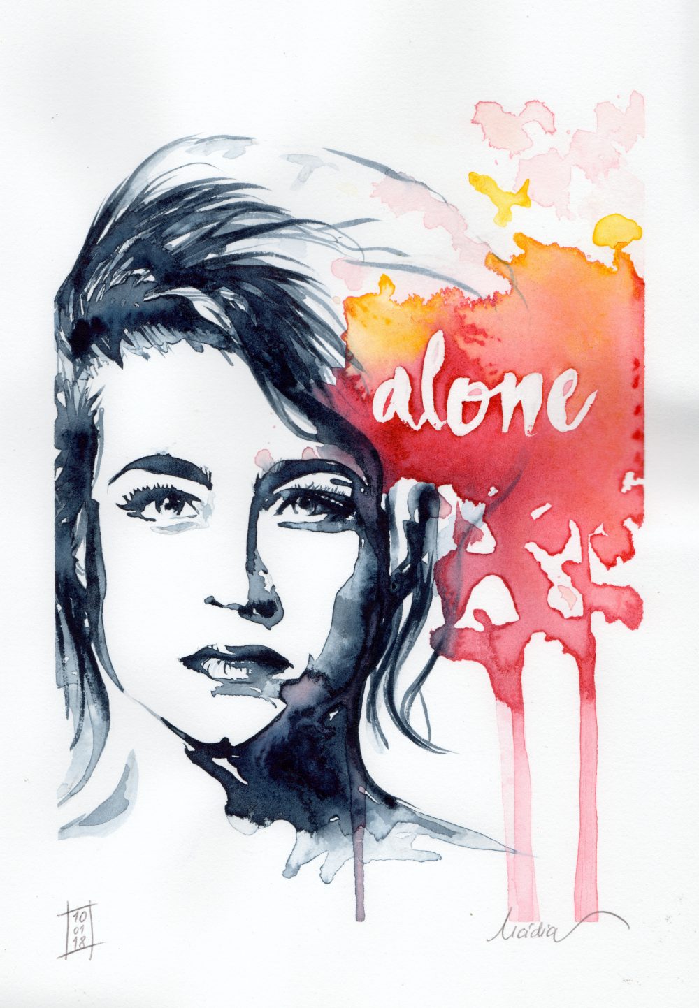 Watercolor portrait of a woman’s face with red and orange splashes and the word “alone” on the right side.