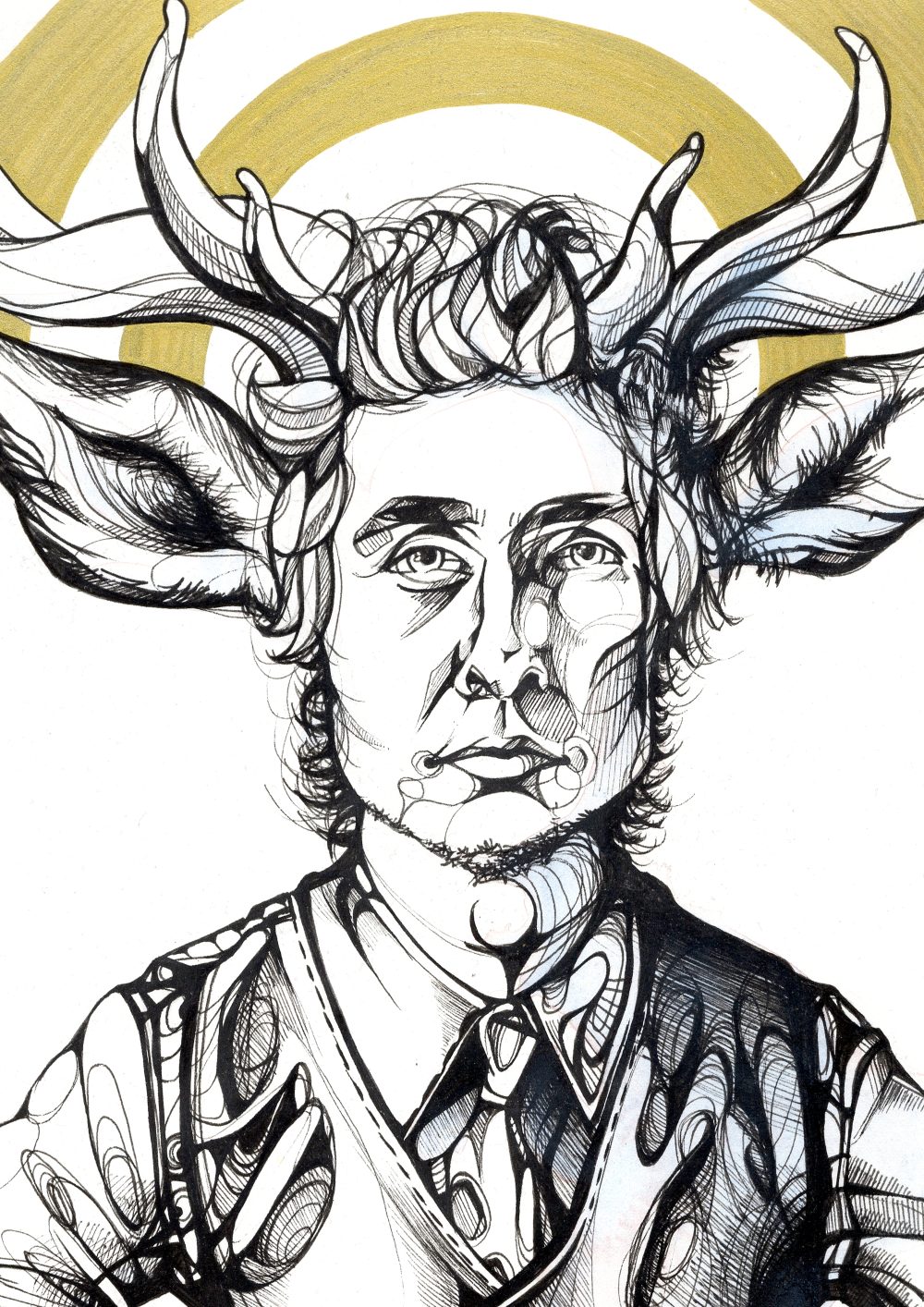 Black pen drawing with lot of strokes of a man with antlers and deer ears, wearing a shirt and tie, with a gold halo in the background.