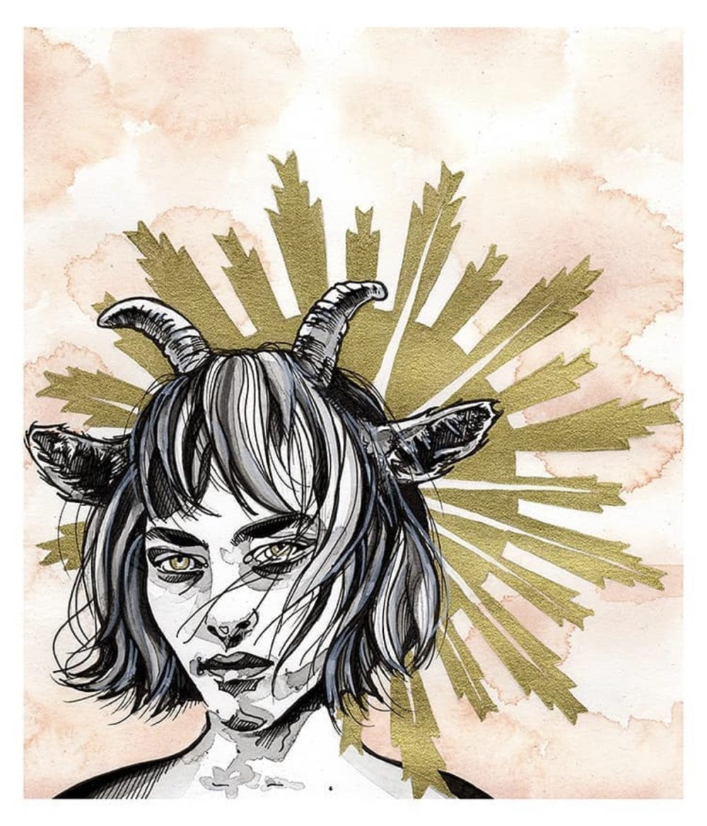 Moody woman portrait with goat horns with golden aura on stained watercolour background.