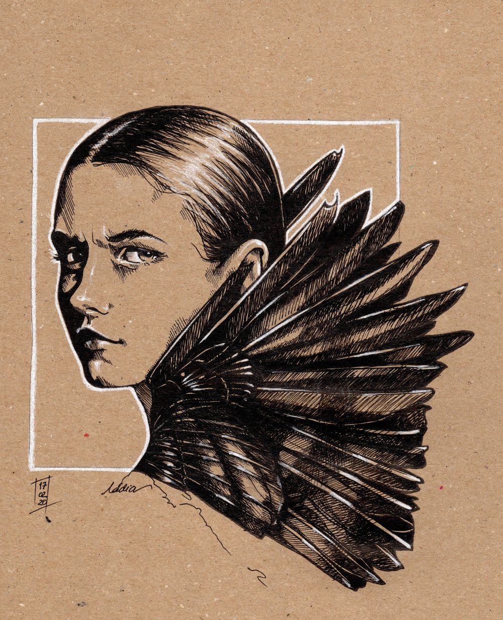 Woman portrait looking over shoulder with wings. Black pen strokes on brown paper.