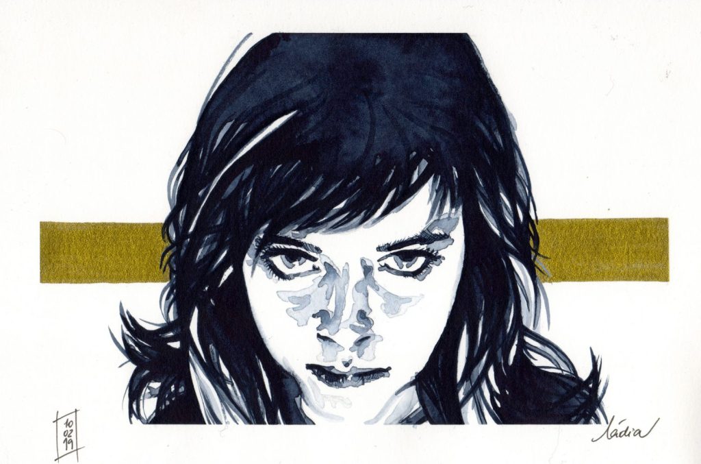 Watercolour portrait moody woman looking up with golden stripe in background