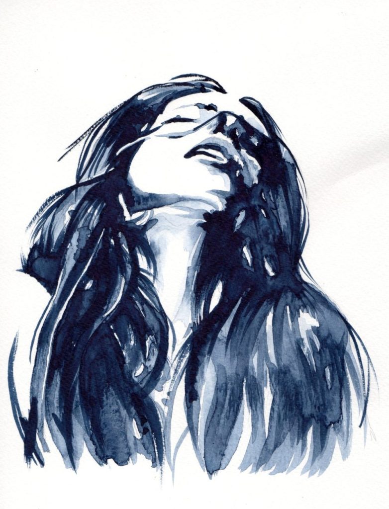 watercolour woman head back, eyes closed. long hair on shoulders.