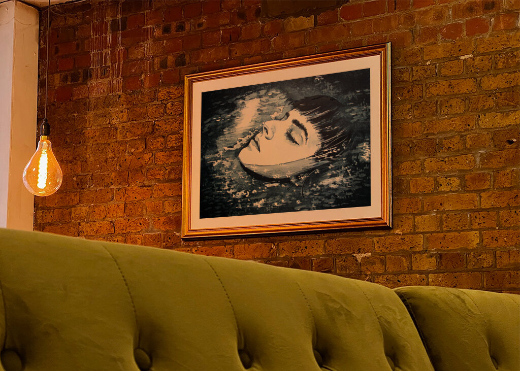Drowning above water, in living room. Golden frame on brick wall