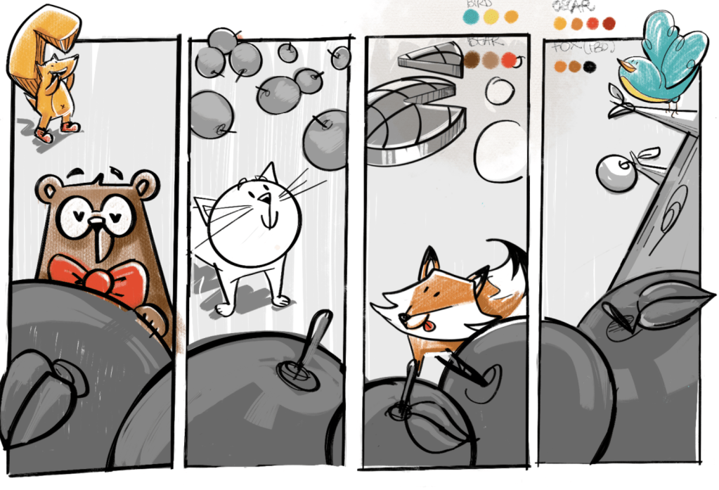 Four vertical strips storyboard with characters and apples.