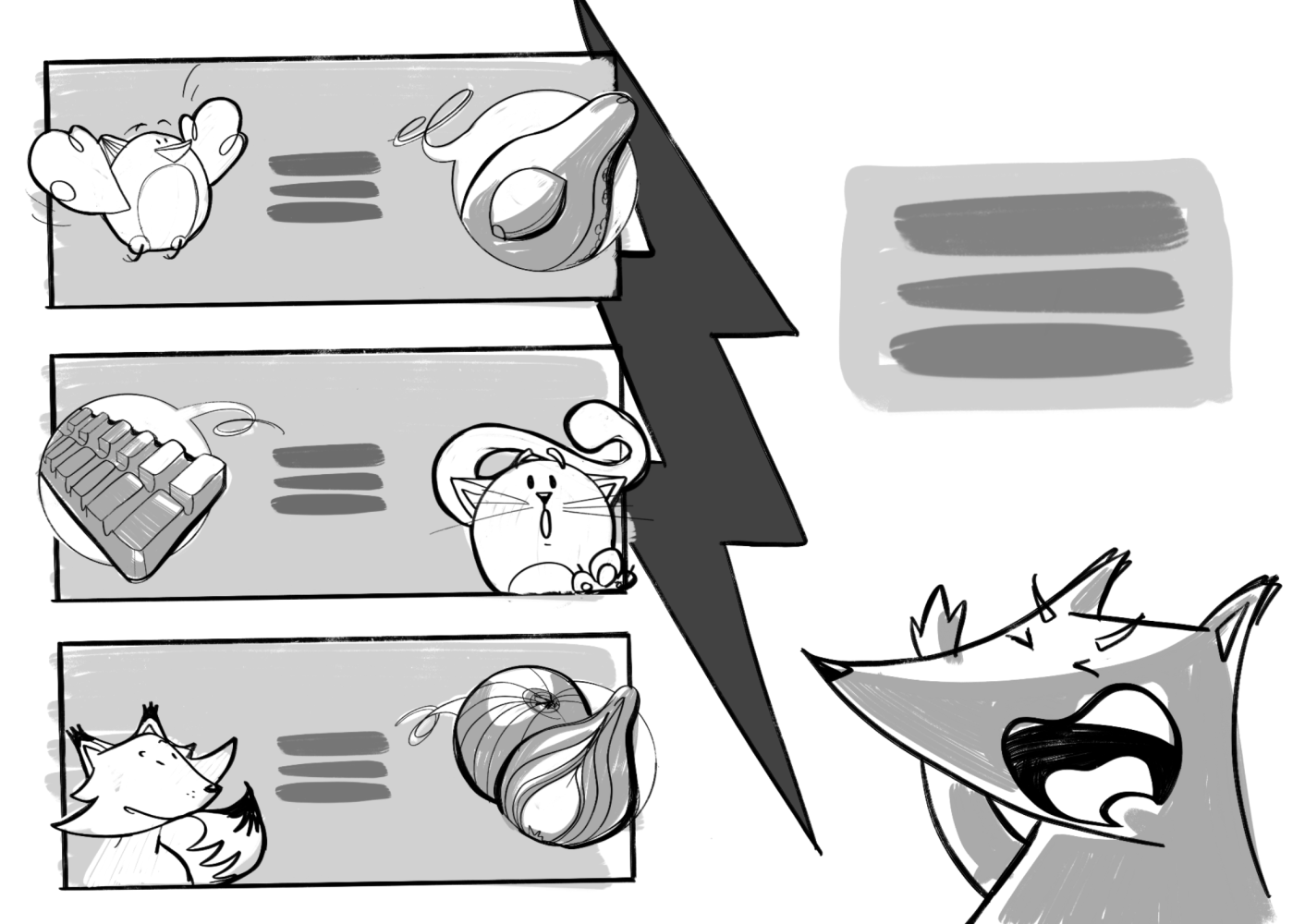 Nadia Ferreira Storyboard - tree horizontal strips and lightning bolt double page. Oscar book.