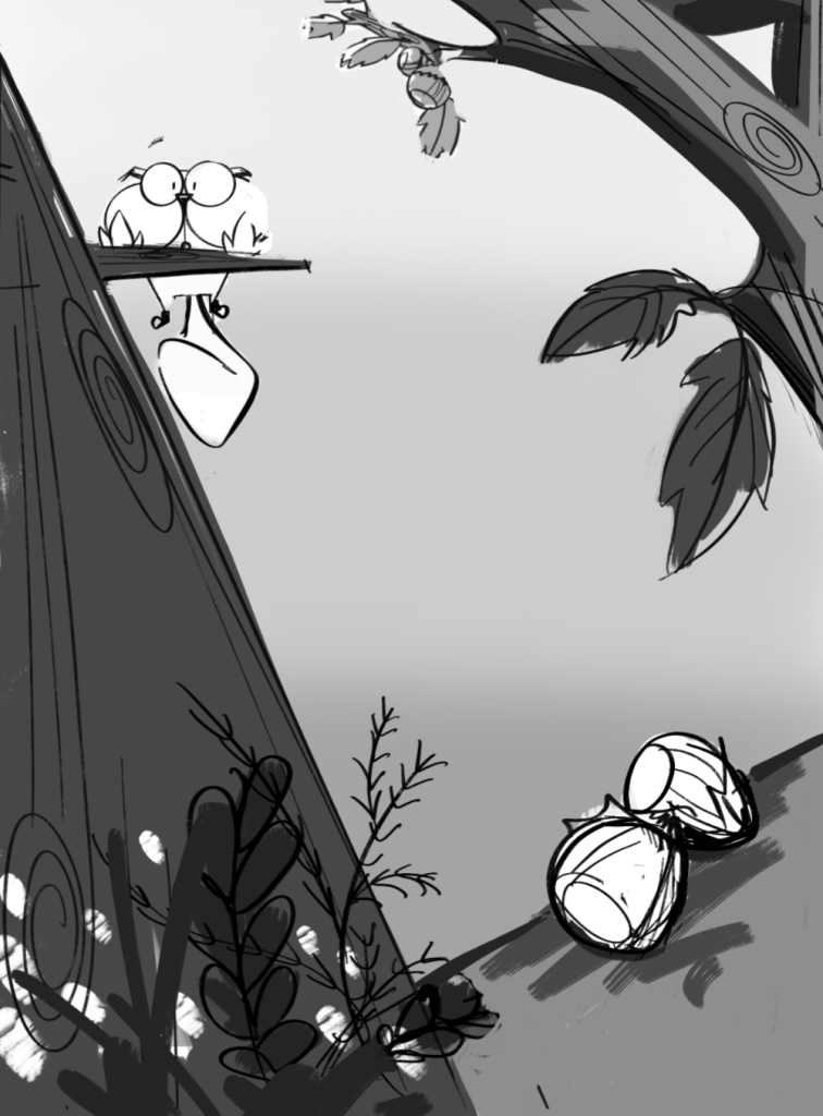 Nadia Ferreira Storyboard - tree in bottom up perspective and walnuts on floor. Oscar book.